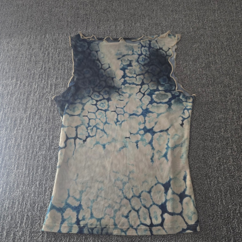 Missguided Blue White Abstract Floral Sheer Mesh Sleeveless Top S Y2K Grunge